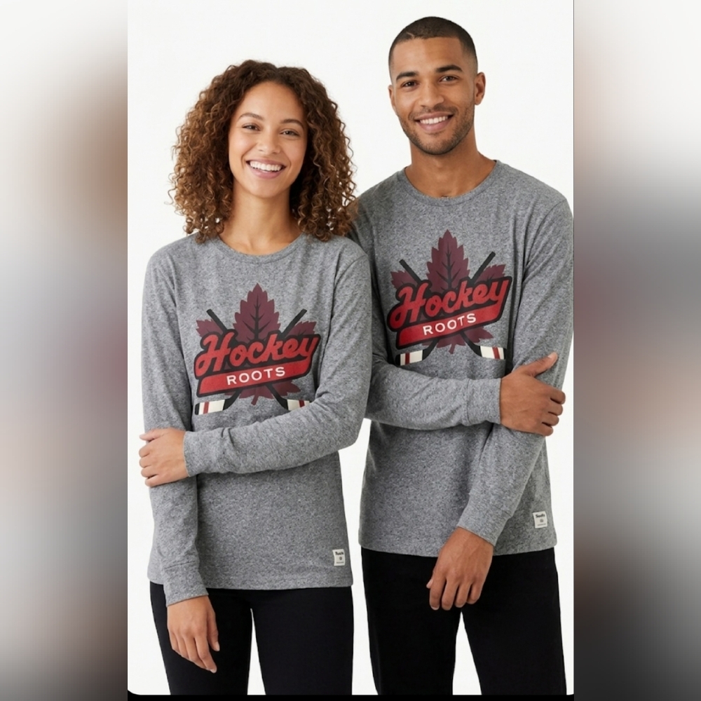 Roots Gender Free Canada Gray Long Sleeve "Hockey Roots" Graphic Tee - Size M